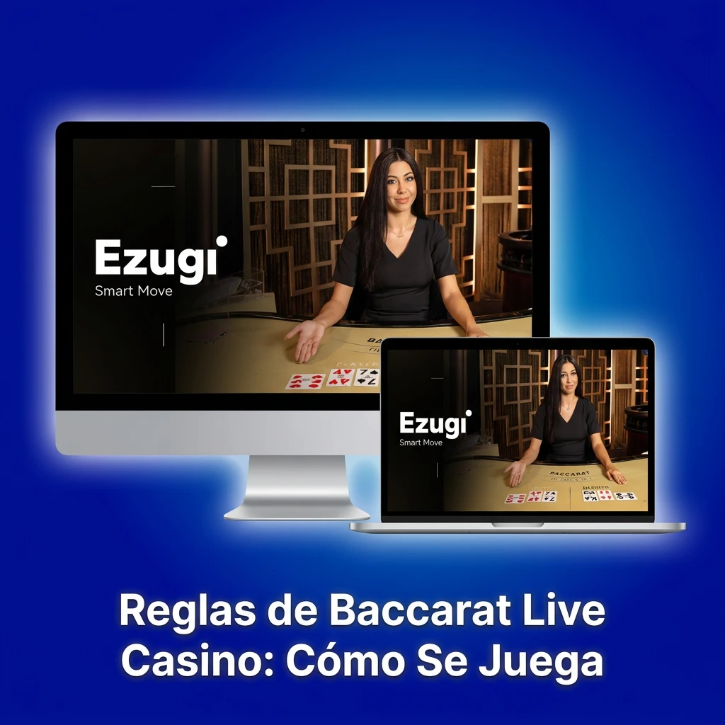 Reglas del Baccarat en casino en vivo con mesa de juego, cartas y opciones de apuesta a Jugador, Banca o Empate.